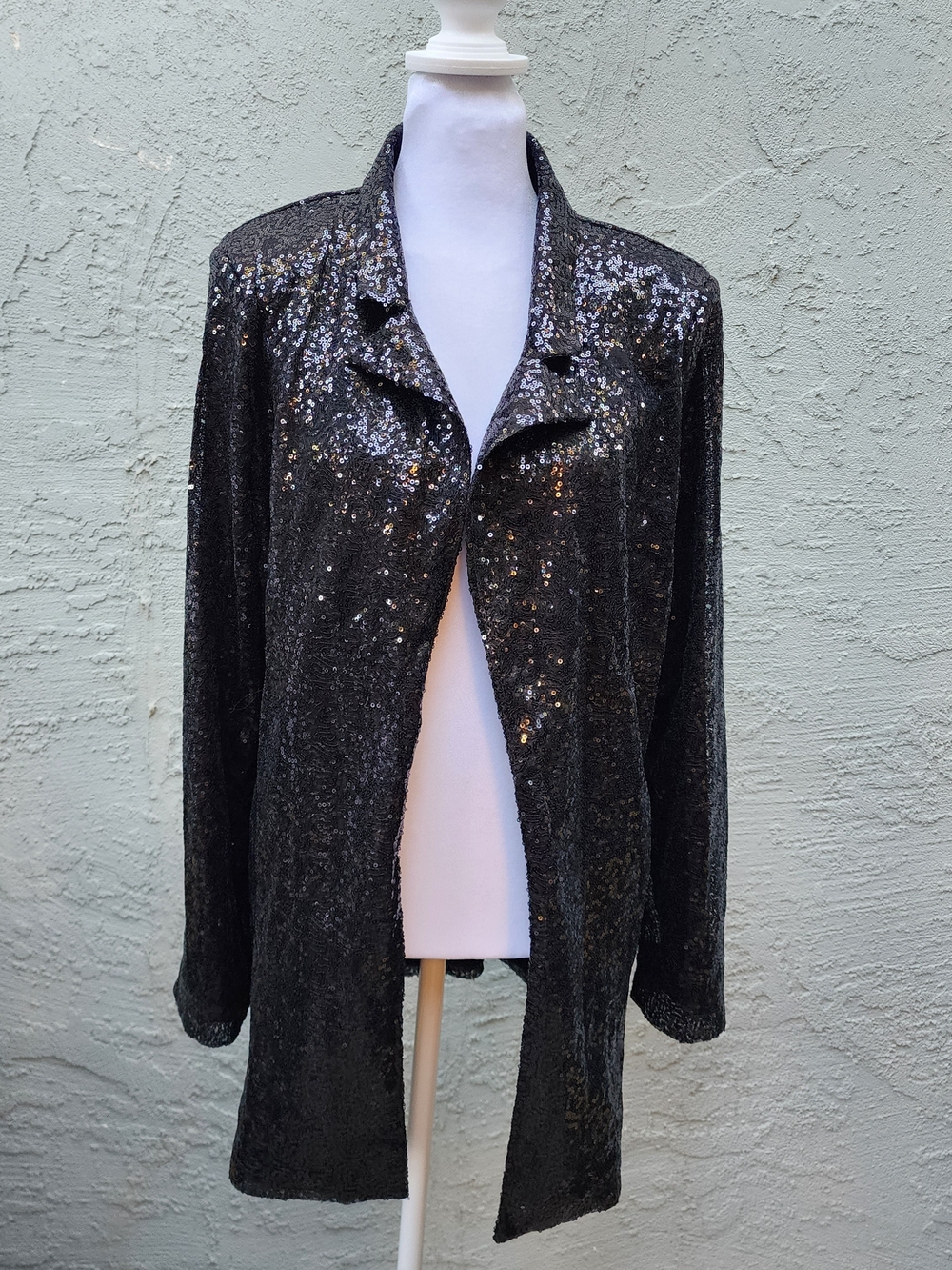 Black Sequin Longline Blazer Jacket Open Front Metallic Coat Size M